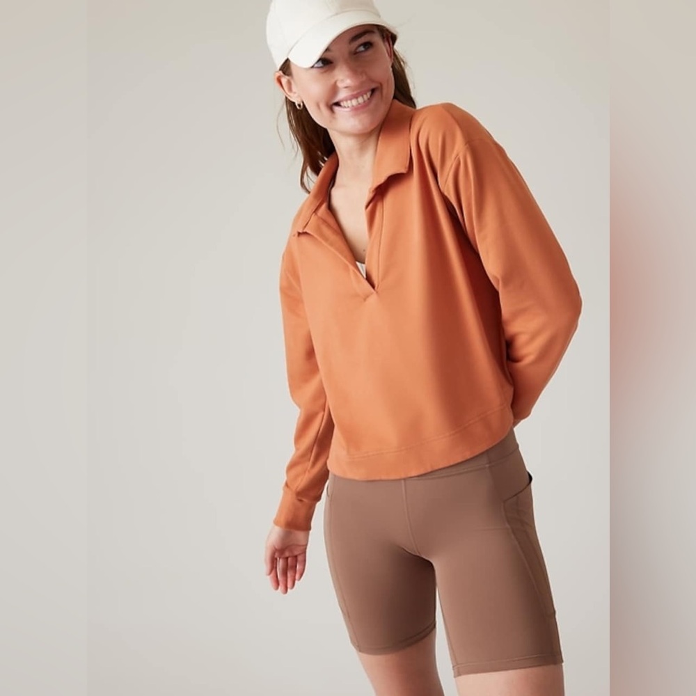 Athleta Subaked Clay Orange Retroterry Boxy Polo Sweatshirt size Medium EUC